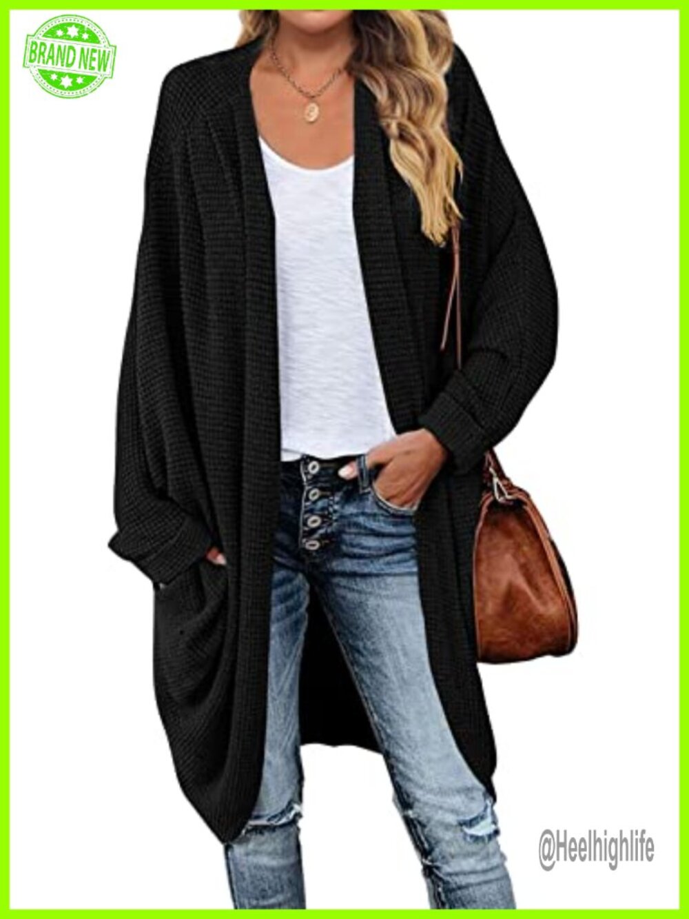 Oversized Waffle Knit Dolman Sleeve Cardigan Sweater